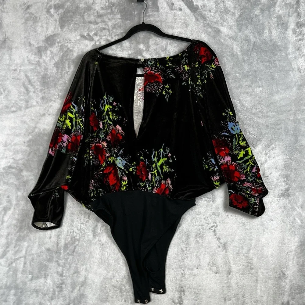 Free People Intimately Velvet Floral Bodysuit Black Dolman Sleeve Small S